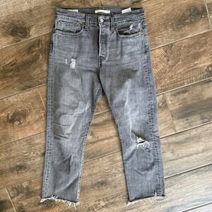 Levis Women's Wedgie Straight Distressed Raw Hem Denim Jeans, Gray,28